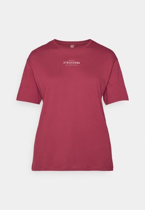Maroon short-sleeve t-shirt made of soft fabric, featuring a white "ATHLEISURE" print on the chest. Classic crew neck design.