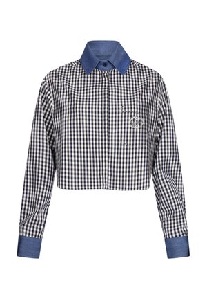 Camicia cropped con bottoni, caratterizzata da un motivo a quadretti bianco e blu navy, colletto e polsini in denim, maniche lunghe e taschino sul petto.
