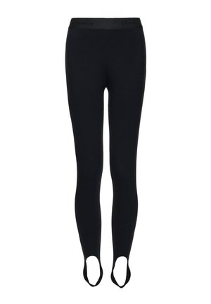 Mustad vormivad retuusid pahkluudes aasadega ja laia vöökohaga, millel on peen bränditekst.