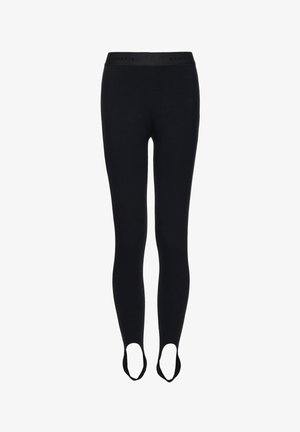 Mustad vormivad retuusid pahkluudes aasadega ja laia vöökohaga, millel on peen bränditekst.