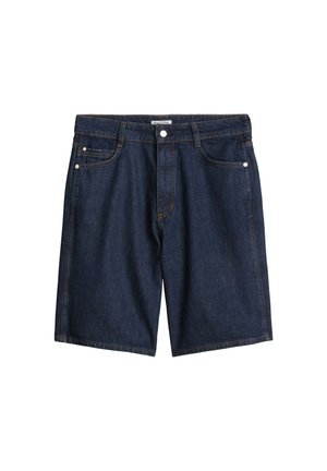 Short en jean bleu foncé avec bouton à l'avant, passants de ceinture et poches, posé à plat sur un fond blanc.