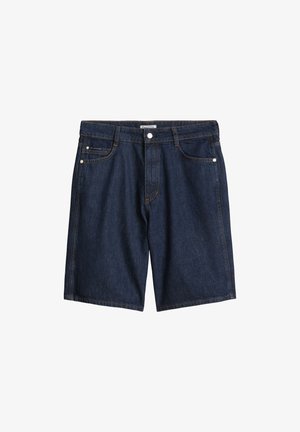 Short en jean bleu foncé avec bouton à l'avant, passants de ceinture et poches, posé à plat sur un fond blanc.