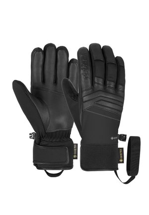 Black insulated gloves featuring a leather exterior, textured accents, and adjustable wrist straps. Includes GORE-TEX branding on the cuffs.
