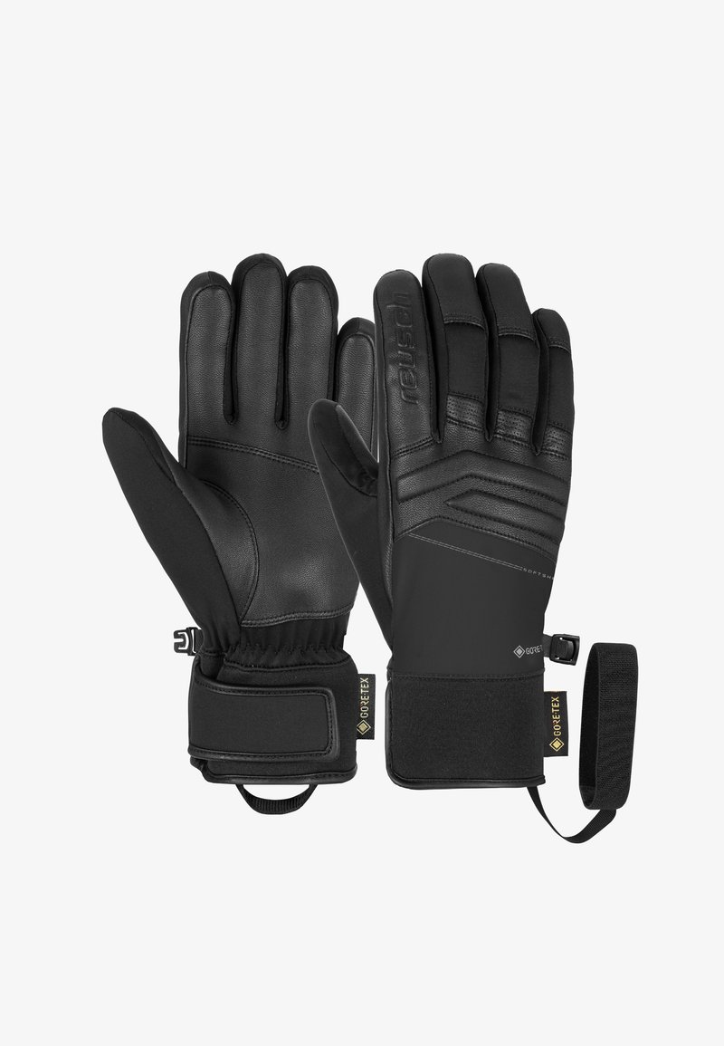 Black insulated gloves featuring a leather exterior, textured accents, and adjustable wrist straps. Includes GORE-TEX branding on the cuffs.
