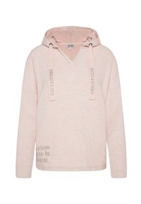 Pullover a cappuccio rosa chiaro con scollatura a V, maniche lunghe, tessuto testurizzato e testo decorativo lungo l'orlo. Presenta lacci a contrasto.