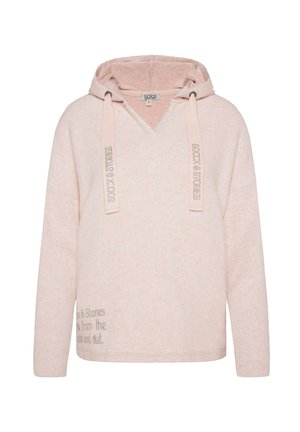 Lichtroze hoodie met een V-hals, lange mouwen, textuurstof en decoratieve tekst langs de zoom. Voorzien van contrasterende koordjes.