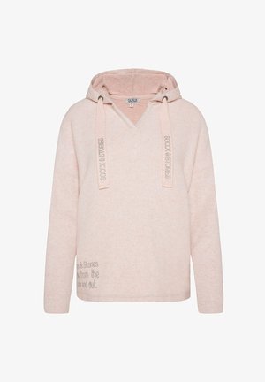 Lichtroze hoodie met een V-hals, lange mouwen, textuurstof en decoratieve tekst langs de zoom. Voorzien van contrasterende koordjes.