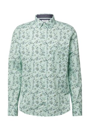 Overhemd met lange mouwen in zacht mintgroen stof, met een bloemenpatroon in donker groen en marineblauw, voorzien van een button-down kraag en een voorkant met knopen.