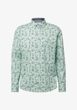 Overhemd met lange mouwen in zacht mintgroen stof, met een bloemenpatroon in donker groen en marineblauw, voorzien van een button-down kraag en een voorkant met knopen.