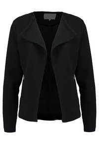 Svart texturerad kavaj med långa ärmar, öppen framsida och geometrisk mönstring. Materialet verkar lättviktigt och något strukturerat.