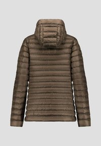 Giacca imbottita marrone con trapuntatura orizzontale, dotata di cappuccio e maniche lunghe. Tessuto liscio, materiale leggero progettato per offrire calore.