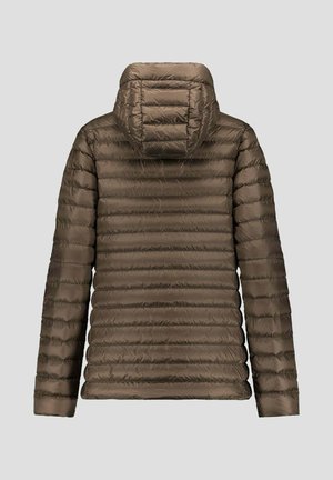 Giacca imbottita marrone con trapuntatura orizzontale, dotata di cappuccio e maniche lunghe. Tessuto liscio, materiale leggero progettato per offrire calore.