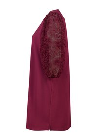 Robe bordeaux avec un corps uni et des manches en tissu transparent ornées de motifs de roses texturés, présentant une coupe ample et des fentes latérales.