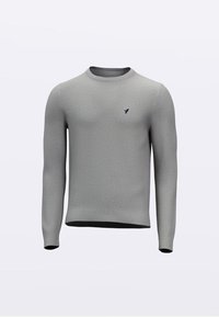 Pull en maille gris clair avec un col rond, des manches longues et un accent logo marine sur la poitrine. Poignets et ourlet côtelés.
