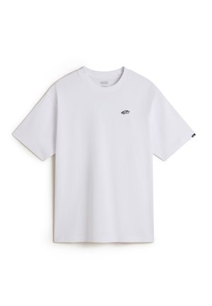 Weißes Baumwoll-T-Shirt mit kurzen Ärmeln, Rundhalsausschnitt, ausgestattet mit einem kleinen schwarzen Vans-Logo auf der linken Brust. Glatte Textur, normale Passform.
