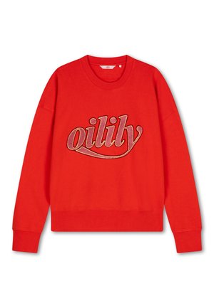 Rode sweatshirt van katoen met lange mouwen, ribgebreide manchetten en een ronde hals. Heeft een groot geborduurd "oily" logo in het goud.