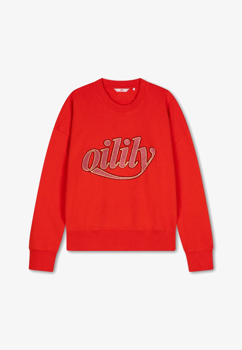Rode sweatshirt van katoen met lange mouwen, ribgebreide manchetten en een ronde hals. Heeft een groot geborduurd "oily" logo in het goud.