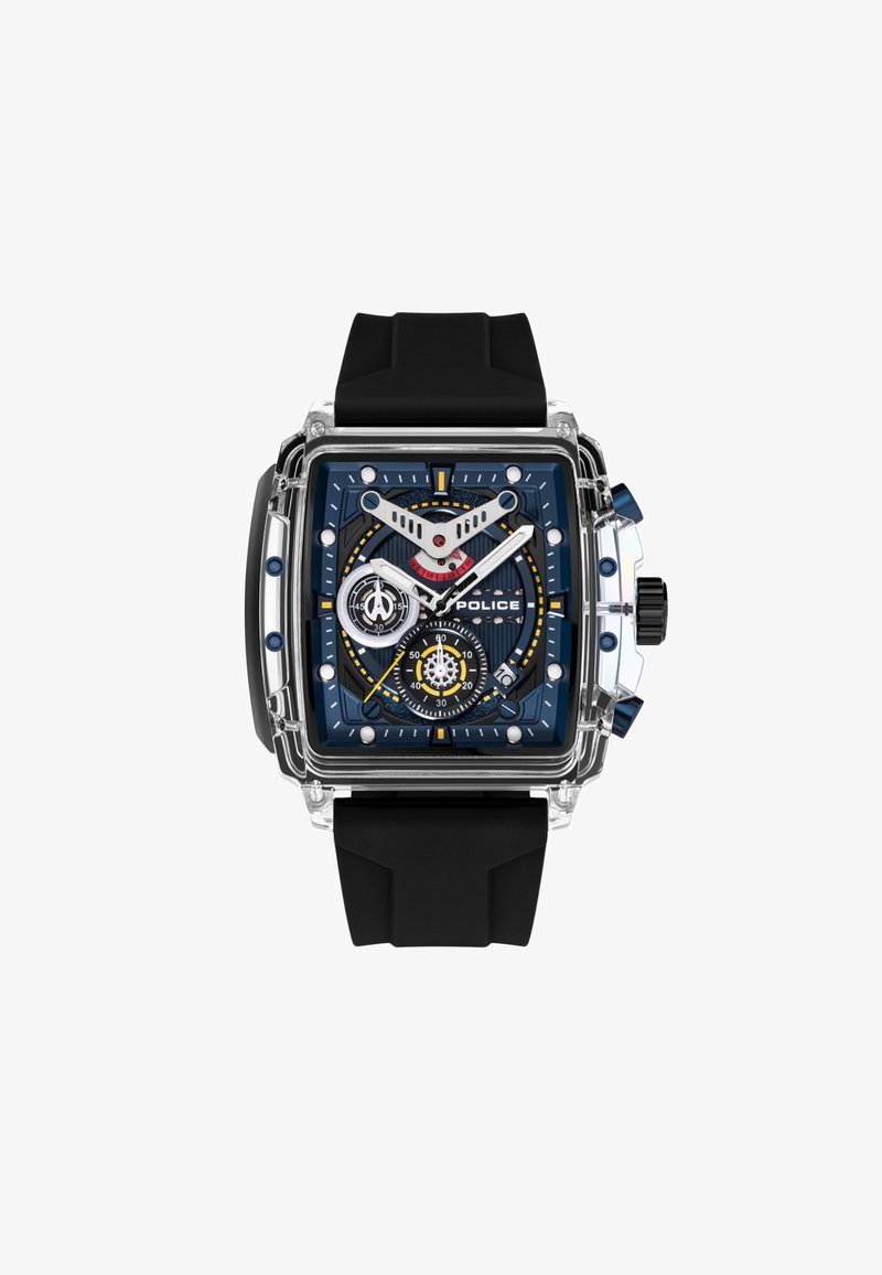 Square watch with a transparent case, blue textured dial, black rubber strap, white and red accents, and multiple sub-dials.