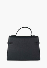 Zwarte gestructureerde handtas met een bovenhandvat, gemaakt van textuurmateriaal, met twee zijriemen en een rechthoekige vorm.