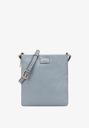 Blaues Leder-Umhängetasche mit verstellbarem Riemen, goldener Schnalle und kleinem Logo-Plakette in der Mitte auf der Vorderseite.