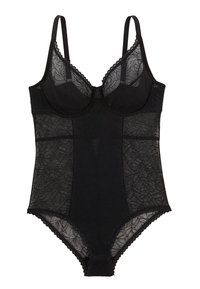 Bodysuit en dentelle noire avec bonnets à armatures, bretelles réglables et bords festonnés. Texture transparente et motifs floraux sur l'ensemble.