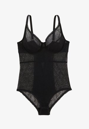 Bodysuit en dentelle noire avec bonnets à armatures, bretelles réglables et bords festonnés. Texture transparente et motifs floraux sur l'ensemble.