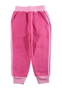 Pantalon de survêtement rose avec une finition texturée, doté d'une ceinture élastique assortie, de poches latérales et de bandes latérales rose plus clair.