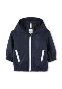 Navy zip-up jacket with a hood, featuring white zippers, elastic cuffs, and a subtle embossed logo pattern throughout.