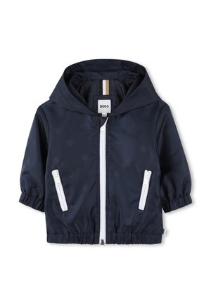 Veste zippée marine avec capuche, dotée de zips blancs, de poignets élastiques et d'un discret motif de logo en relief sur l'ensemble.