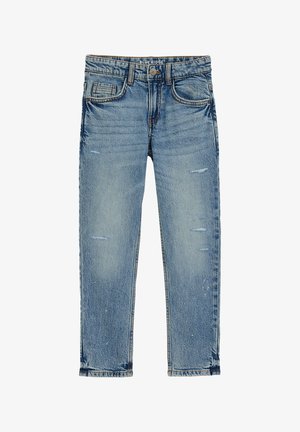 Vaqueros azules para niños con desgaste claro y detalles desgastados, que cuentan con bolsillos frontales y de reloj y cierre de botón.