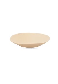 Płytka o płytkiej, okrągłej formie w kolorze beżowym, o gładkiej teksturze, lekko zakrzywionej krawędzi, wykonana z ceramiki lub podobnego materiału, o minimalistycznym designie.