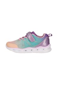 Letvægts atletisk sko med en multikolor overdel i nuancer af pink, aqua og lilla. Inkluderer en velcrorem og tekstureret stof.