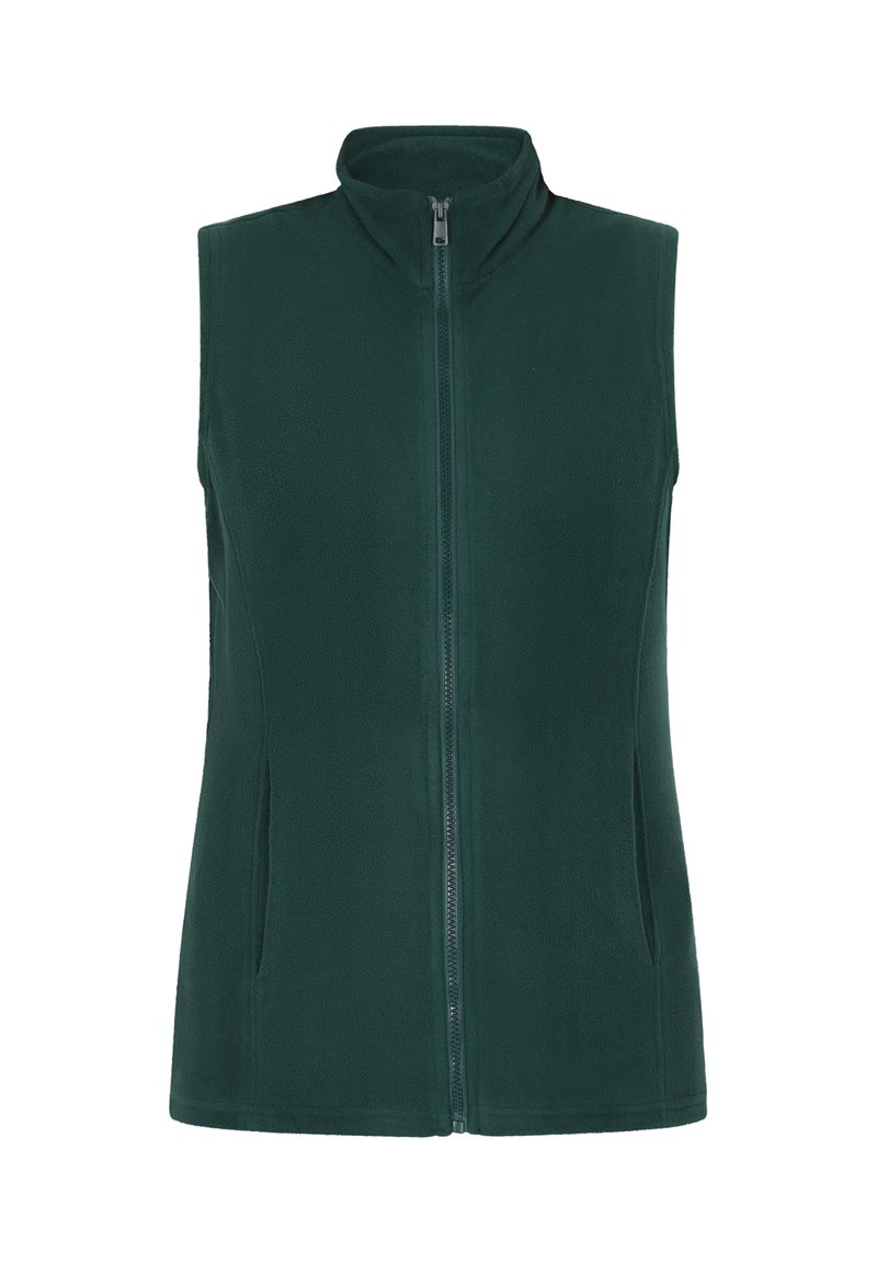 Dunkelgrüne Fleece-Weste mit hohem Kragen, Reißverschluss vorne und Seitentaschen; glatte Textur und taillierte Passform ohne Ärmel.