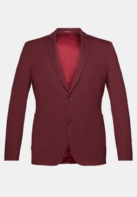 Burgundowy blazer o gładkiej fakturze, zapinany na jeden guzik, z dwiema przednimi kieszeniami i czerwonym satynowym wykończeniem. Posiada klapę w kształcie notch oraz brązowe guziki.