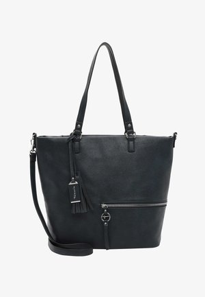 Czarna skórzana torba tote z podwójnymi uchwytami, odczepianym paskiem na ramię, przednią kieszenią na zamek i detalem w postaci frędzla. Gładka tekstura, usztywniony design.