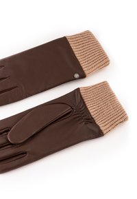 Brown leather gloves with a tan ribbed knit cuff, featuring a side button detail and a smooth texture, designed for warmth and comfort.