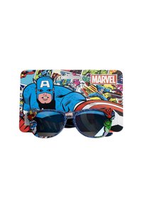 Children's sunglasses featuring a blue frame with superhero graphics, dark lenses, and a colorful Marvel comic backdrop.
