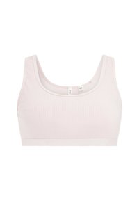 Roze rebrasti bralette s izrezom u obliku školjke i širokim trakama. Ima glatku teksturu i detalj s valovitim rubom. Unutarnja oznaka s veličinom vidljiva.