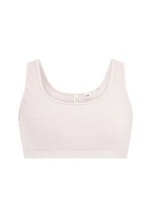 Bralette rose en maille côtelée avec un décolleté arrondi et des bretelles larges. Présente une texture lisse et un détail en bordure festonnée. Étiquette de taille visible à l'intérieur.