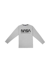 Maglietta a maniche lunghe grigia in cotone, con un grande logo nero "NASA" e testo sottostante sul davanti. Design semplice con collo a giro.