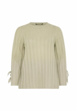 Pull en tricot côtelé vert clair avec des manches longues. Présente des accents à liens aux poignets et un col rond. Texture douce, coupe décontractée.