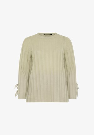 Lichtgroene geribbelde gebreide pullover met lange mouwen. Heeft strikaccenten bij de manchetten en een ronde halslijn. Zachte textuur, relaxte pasvorm.
