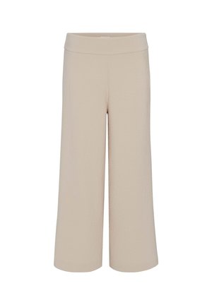 Beige weite Hose aus strukturiertem Stoff, mit einem breiten Bund und einem entspannten Schnitt für Komfort und Bewegungsfreiheit.