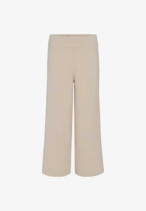 Beige weite Hose aus strukturiertem Stoff, mit einem breiten Bund und einem entspannten Schnitt für Komfort und Bewegungsfreiheit.