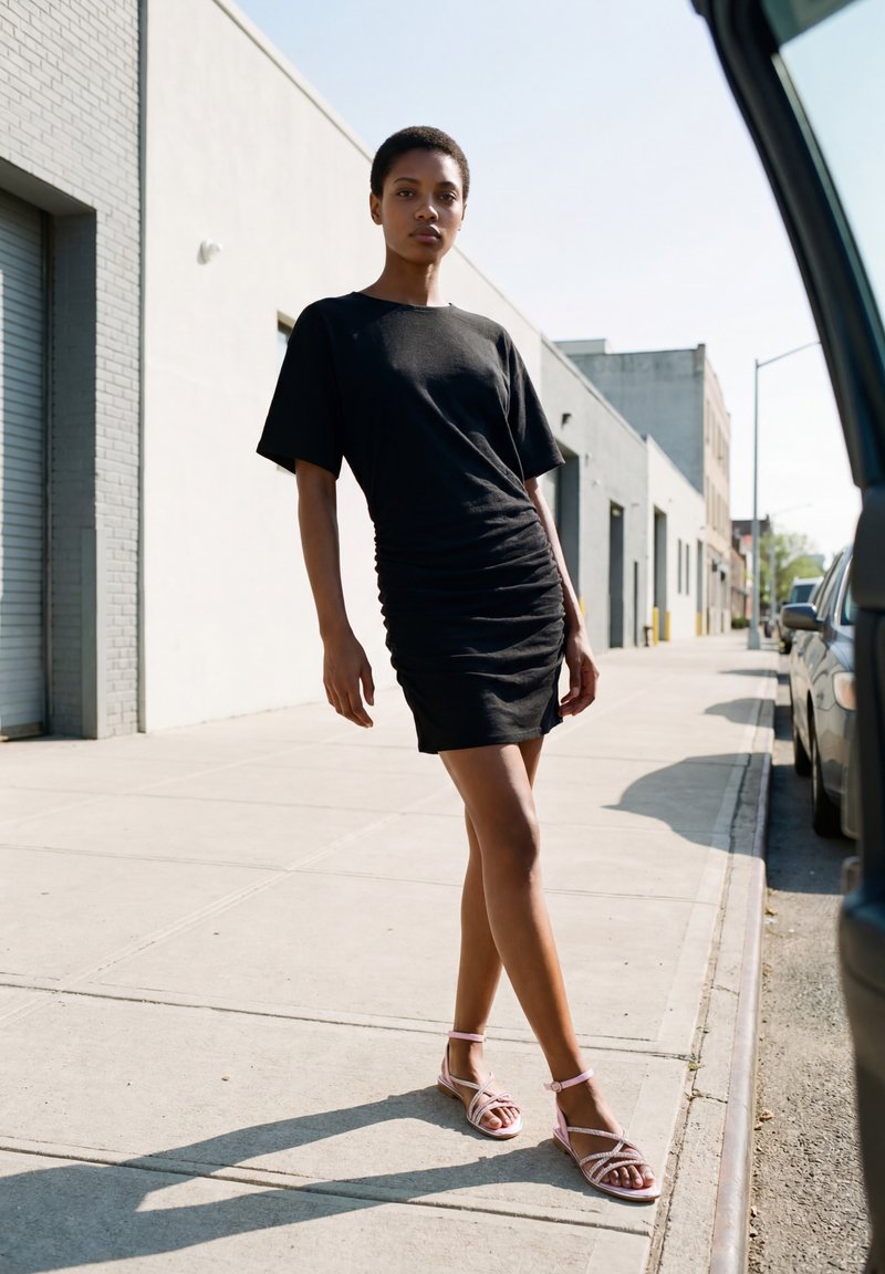 Femme en robe noire et sandales roses marchant sur un trottoir urbain ensoleillé près de voitures stationnées et de bâtiments industriels.