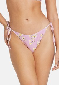 Pink striped bikini bottom with floral pattern, adjustable ties at the sides, and a smooth texture, designed for a snug fit.