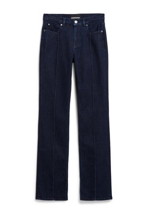 Dunkelblaue Denim-Jeans mit geradem Bein, ausgestattet mit zwei Fronttaschen und sichtbaren Nähten entlang der Seitennähte.