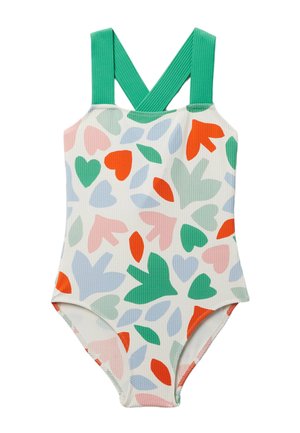 Maillot de bain une pièce avec de larges bretelles vertes et des formes abstraites colorées de feuilles et de cœurs en orange, vert, rose et bleu sur un tissu blanc.