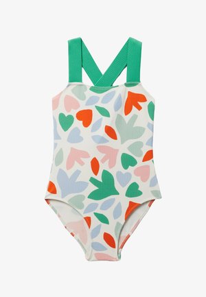 Maillot de bain une pièce avec de larges bretelles vertes et des formes abstraites colorées de feuilles et de cœurs en orange, vert, rose et bleu sur un tissu blanc.