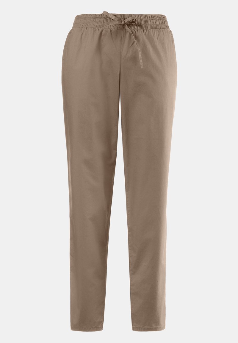 Pantalon décontracté marron clair avec taille élastique et cordon, coupe droite, sans poches ni motifs visibles.